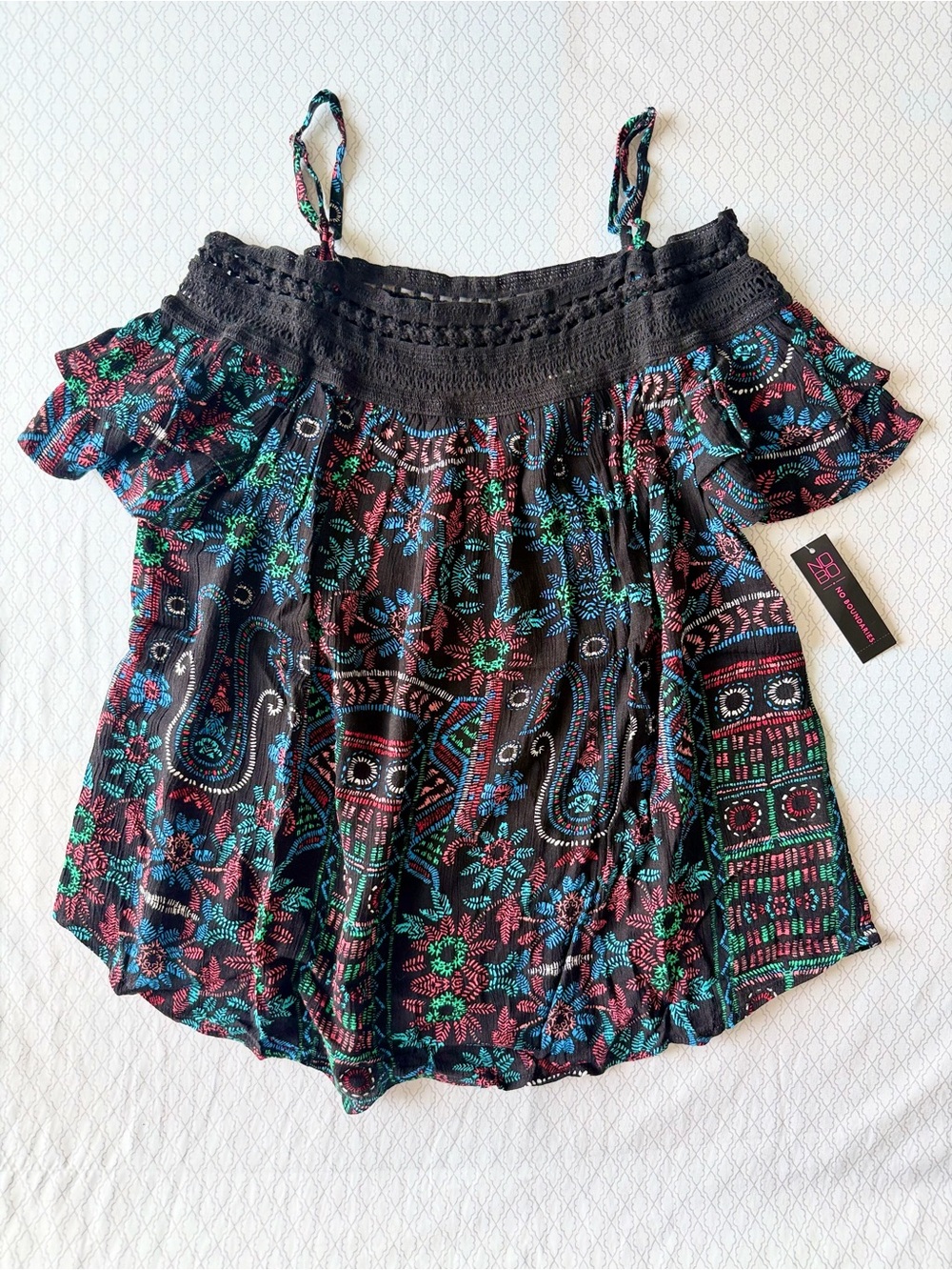 No Boundaries Black Off-Shoulder Floral Paisley Camisole with Teal & Pink